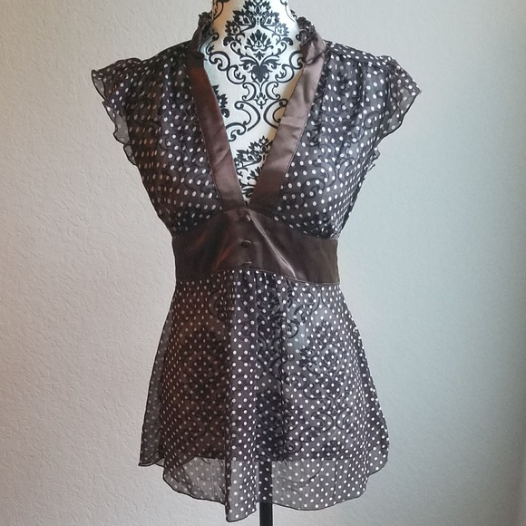 Tempted Hearts Tops - TEMPTED HEARTS brown polka dot sheer v neck XL